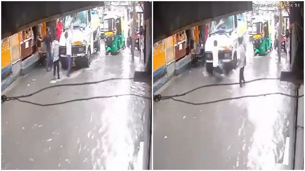 X/@rishibagree
 : The CCTV footage shows a group of men attacking the water tanker with stones. Police said it led to a chain of events in which one man was killed and another injured.